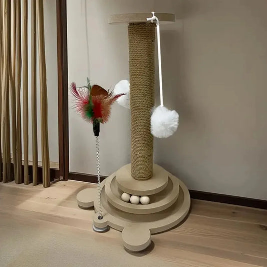 Cat Scratching Post with Teaser Wand, Wear-Resistant Sisal Scratcher Turntable, Pest-Resistant Climbing Frame Toy for Cats