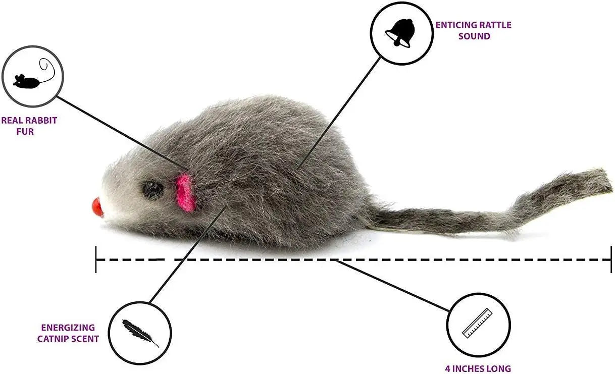 20 Real Rabbit Fur Catnip Mice with Rattle Sound, Interactive Play Toy for Cats