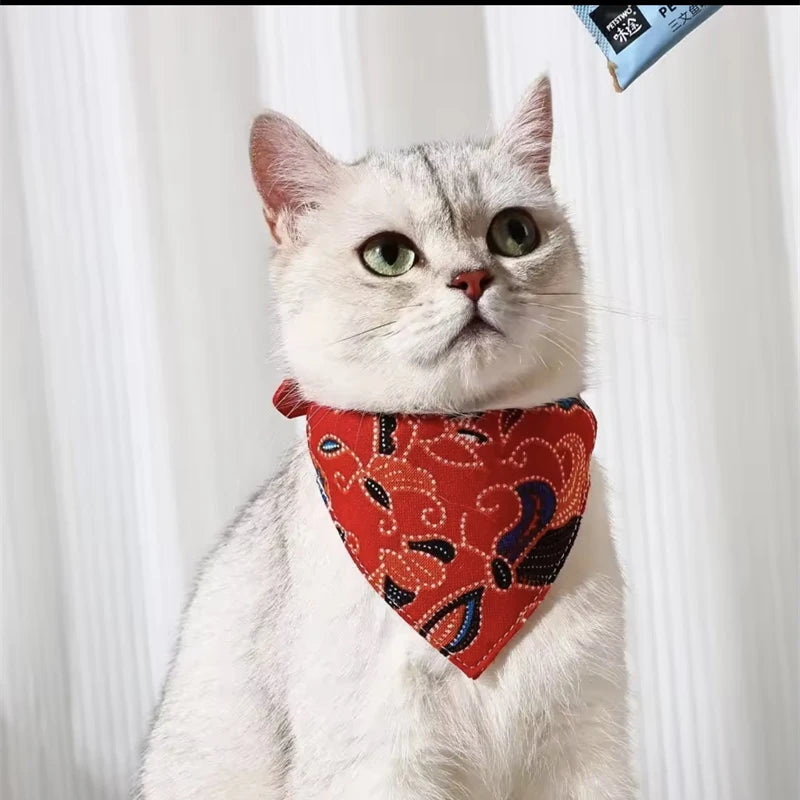 Japanese Style Sphynx Cat Collar for Cats Goats Flower Print Pet Collars with Bandanas Chinchilla mascotas Accessories Scarves