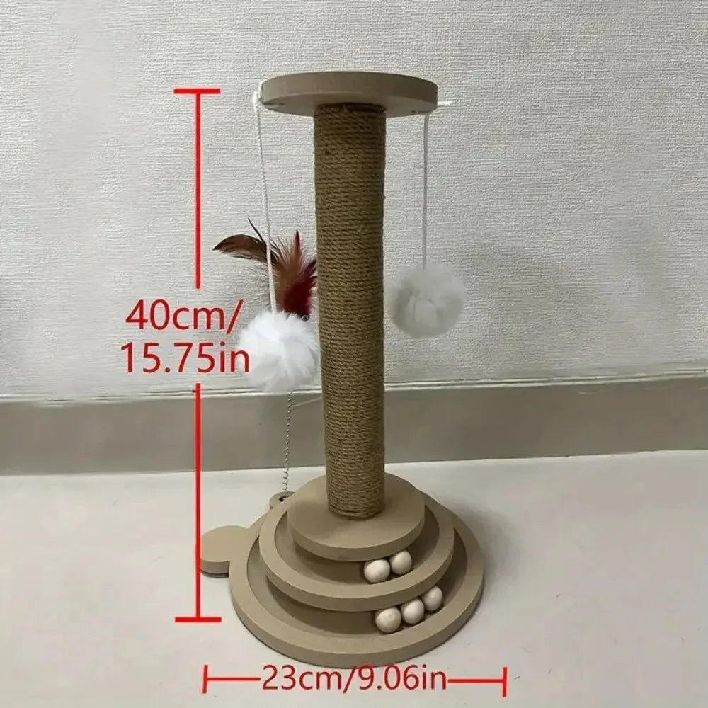 Cat Scratching Post with Teaser Wand, Wear-Resistant Sisal Scratcher Turntable, Pest-Resistant Climbing Frame Toy for Cats