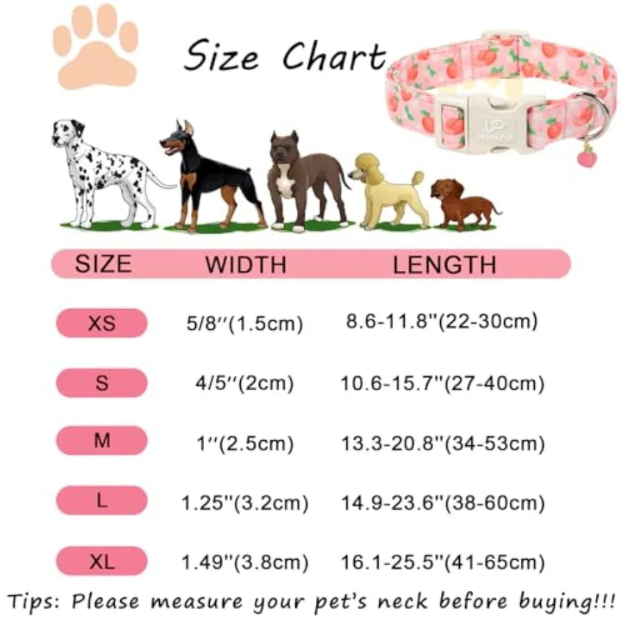 Peach Dog Collar, Summer Spring Cotton Dog Collar, Cute Fruit Pattern Adjustable Pink Pet Collar, Lightweight Durable Quick Rel