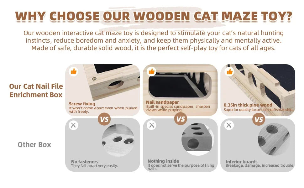 A Set Contains 10pcs Cat Nail File Enrichment Box, Interactive Scratch Puzzle Maze Toy W/ Cat Wand & 3 Bell Balls (Stress-Free N