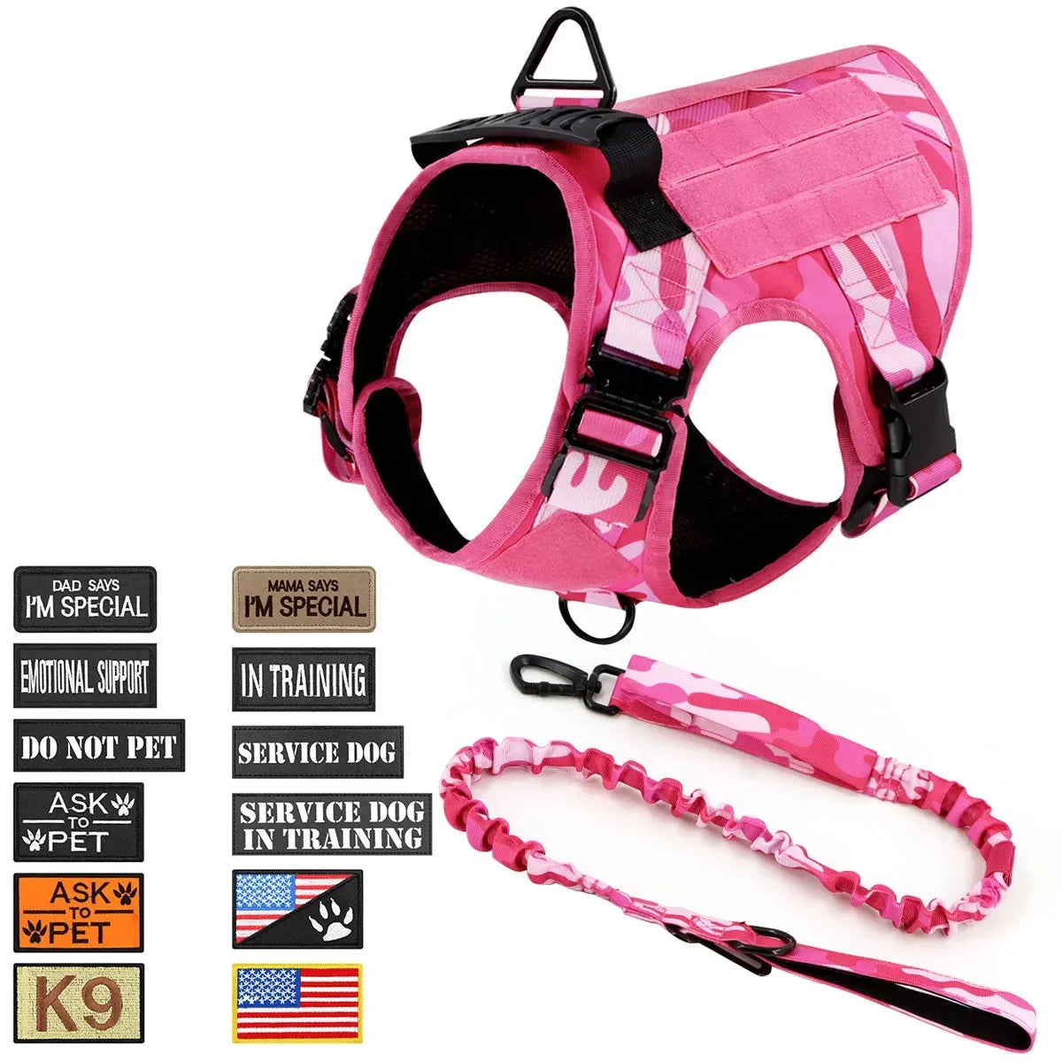 Pink Camo Dog Harness Service Dog Vest for Large Breed Dogs Adjustable Molle Vest Molle Vest with Patchs Hook and Loop Panel