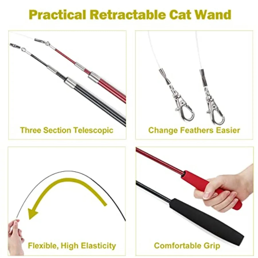 Cat Toys for Indoor Cats, Interactive Cat Toy 2PCS Retractable Wand Toy and 9PCS Cat Feather Toys Refills, Funny Kitten Toys Ca