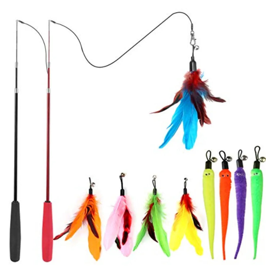 Cat Toys for Indoor Cats, Interactive Cat Toy 2PCS Retractable Wand Toy and 9PCS Cat Feather Toys Refills, Funny Kitten Toys Ca