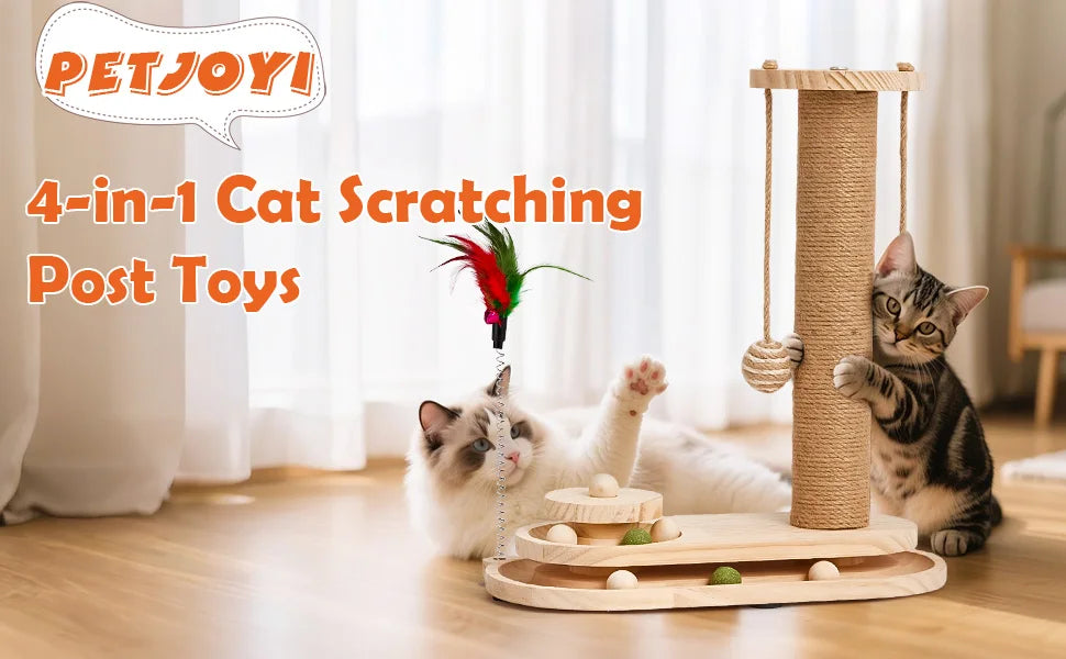 Sisal Cat Scratching Post for Indoor Cats with 2-Tier Ball Track, Interactive Kitten Toy Set with Teaser Wand and Rolling Balls