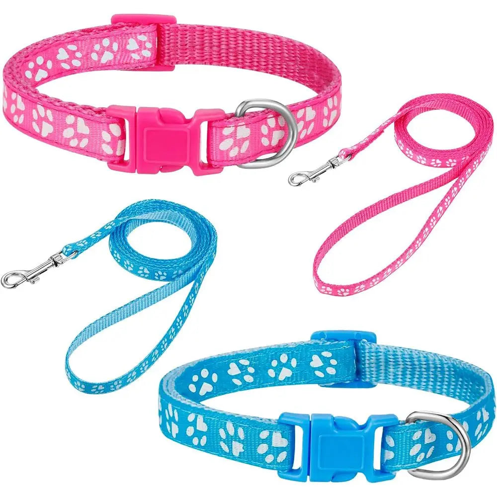 2 Packs Dog Collar and Leash Set, Adjustable Quick Release Buckle Paw Print Puppy Collar, Nylon Pet Collar for Small Dogs