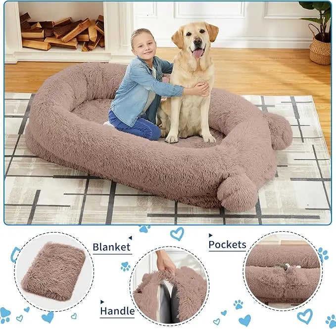 Portable Dog Bed with Removable Faux Fleece Cover/Matching Blanket, Large Washable Dog Mattress with 2 Storage Pockets