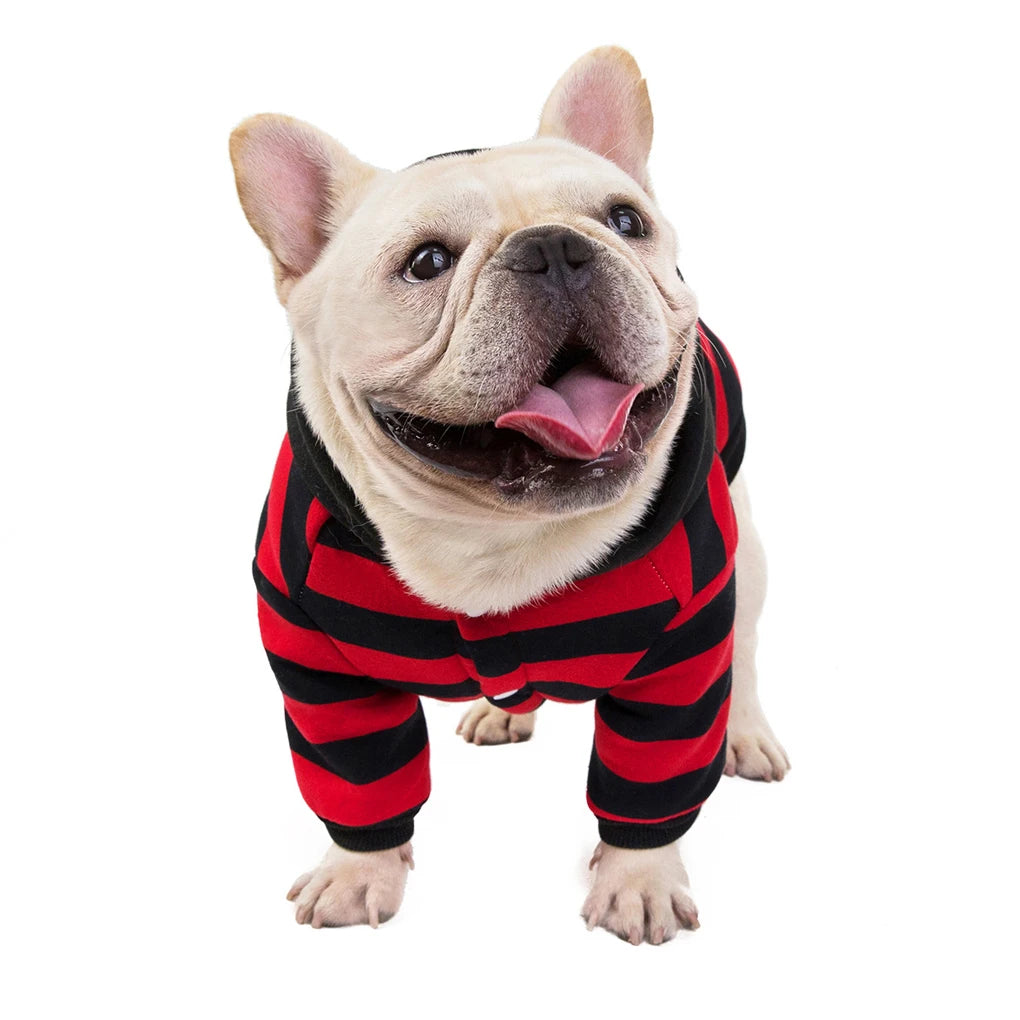 Dog Striped Hoodie Bulldog Clothes Sweatshirt Fashion Warm Coat Red