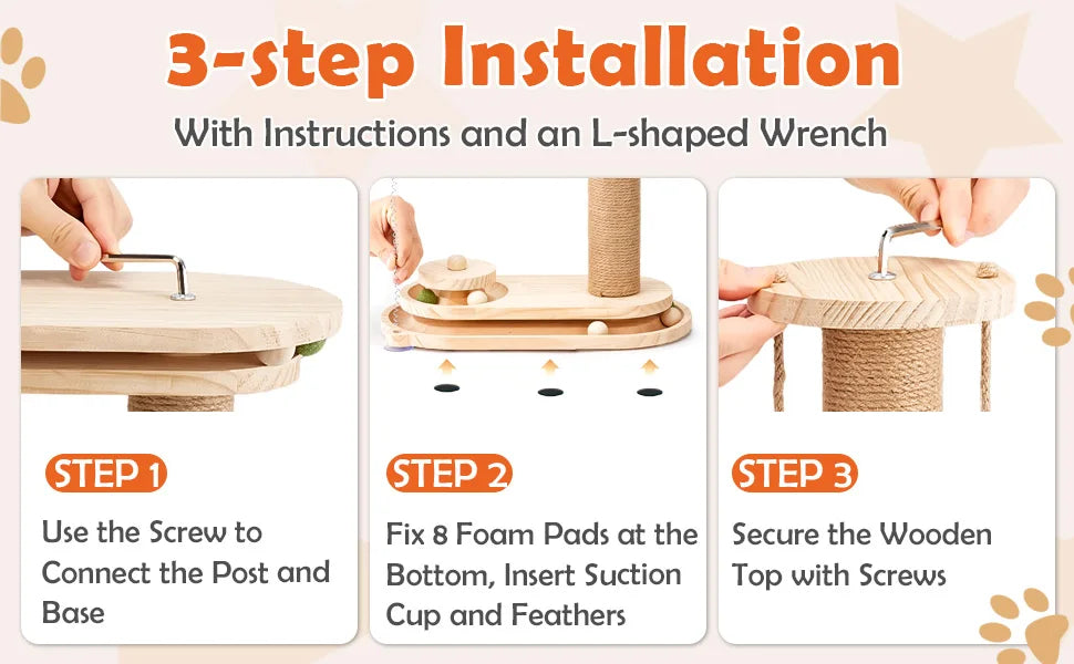 Sisal Cat Scratching Post for Indoor Cats with 2-Tier Ball Track, Interactive Kitten Toy Set with Teaser Wand and Rolling Balls