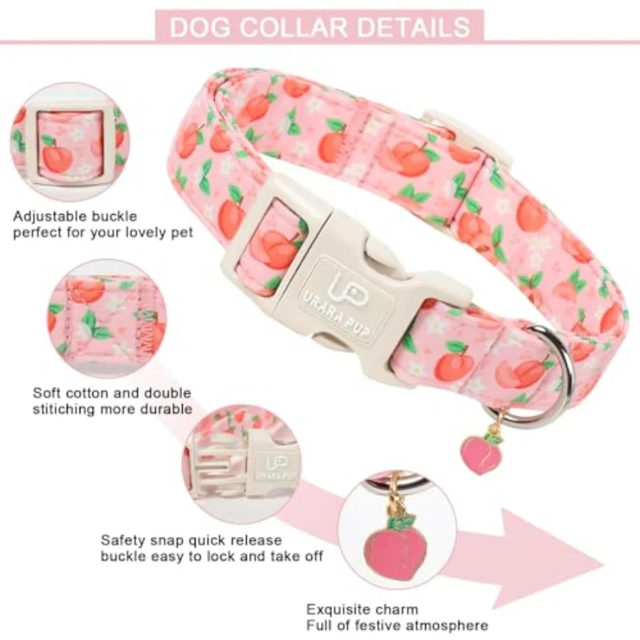 Peach Dog Collar, Summer Spring Cotton Dog Collar, Cute Fruit Pattern Adjustable Pink Pet Collar, Lightweight Durable Quick Rel