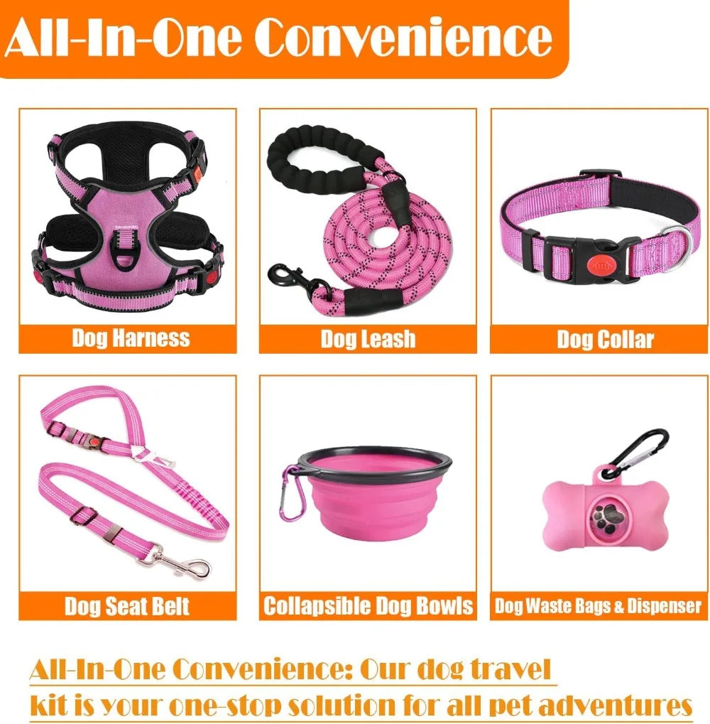 No Pull Dog Harness, Collar & Leash Set with Seat Belt, Bowls & Poop Bag Dispenser for Training, Walking, Hiking, Small to Large Dogs (Pink-L)