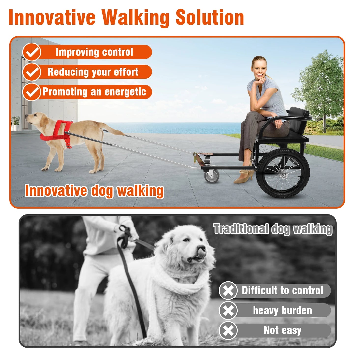 Dog Carts for Owners To Take Pets To Shopping Dogs Pulling Stroller Cart W/ Seat 40-60KG Double Brake