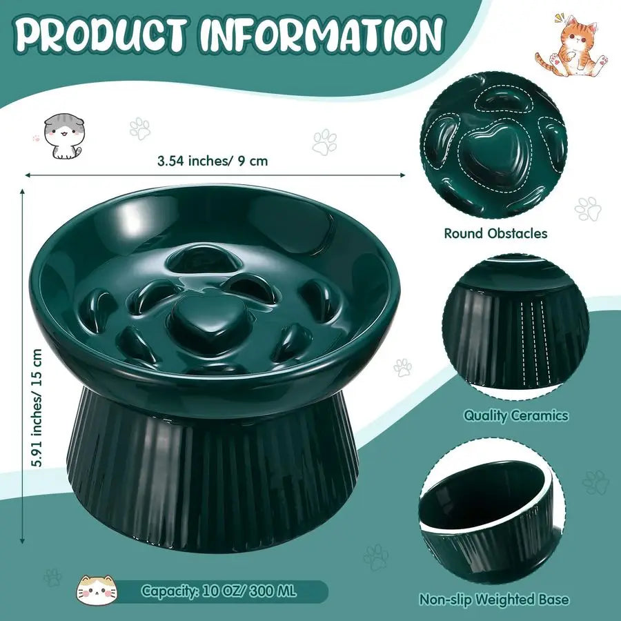 2 Pcs Raised Cat Slow Feeder Bowl Ceramic Elevated Cat Dog Food Bowl No Spill High Edge for Dry Wet Food and Water Easy to Clean