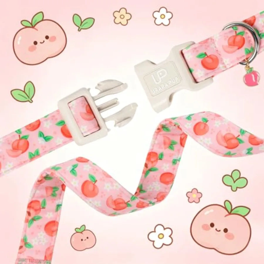 Peach Dog Collar, Summer Spring Cotton Dog Collar, Cute Fruit Pattern Adjustable Pink Pet Collar, Lightweight Durable Quick Rel