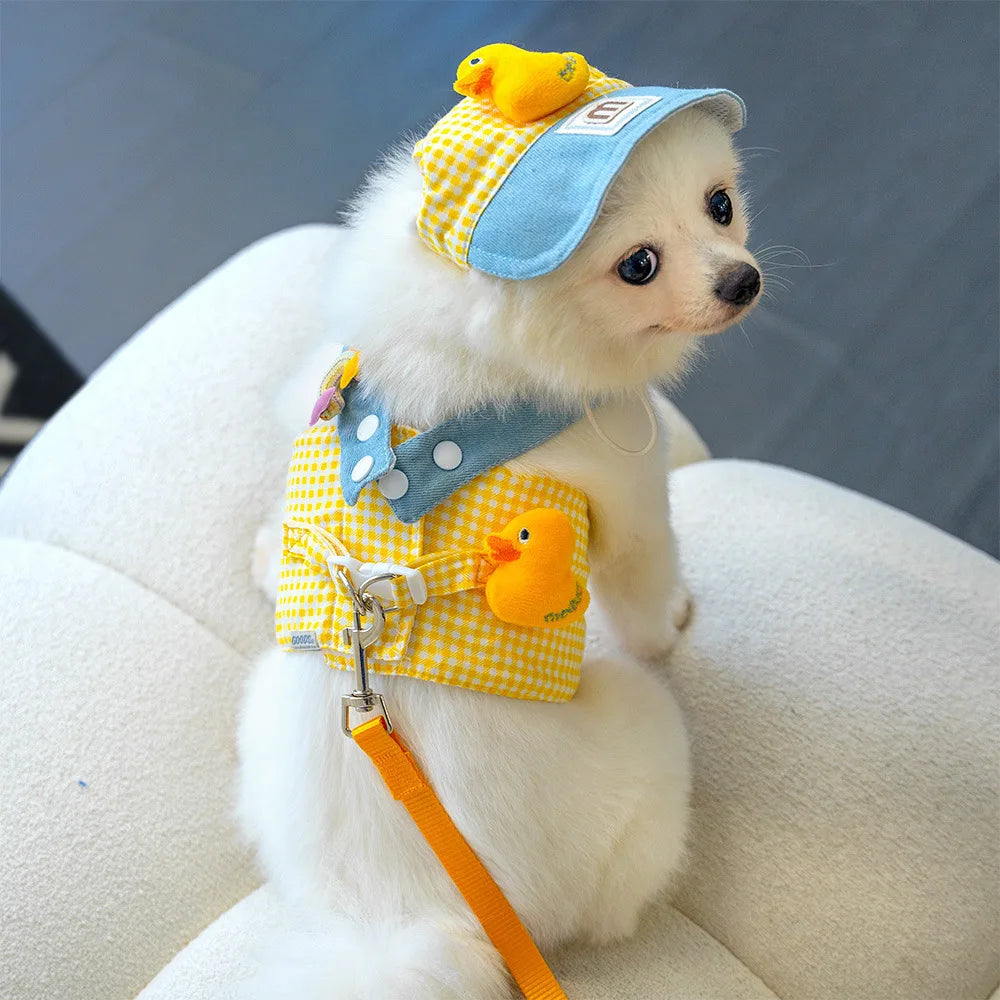 Three-piece Set Duck Frog Spring and Summer Pet Chest Harness Traction Rope Set - Breathable Fabric - For Cats & Puppies - Suita