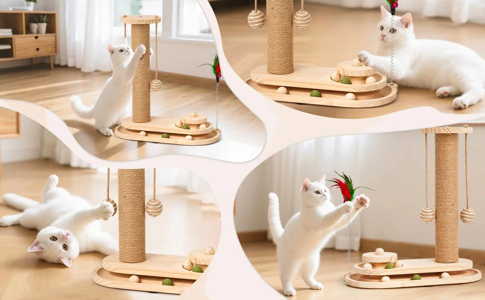Sisal Cat Scratching Post for Indoor Cats with 2-Tier Ball Track, Interactive Kitten Toy Set with Teaser Wand and Rolling Balls