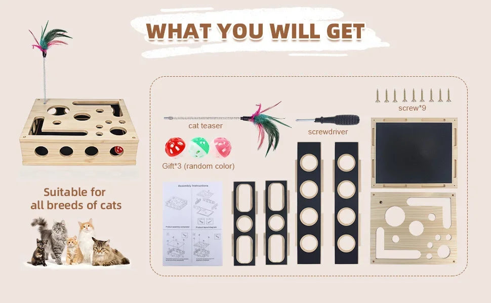 A Set Contains 10pcs Cat Nail File Enrichment Box, Interactive Scratch Puzzle Maze Toy W/ Cat Wand & 3 Bell Balls (Stress-Free N
