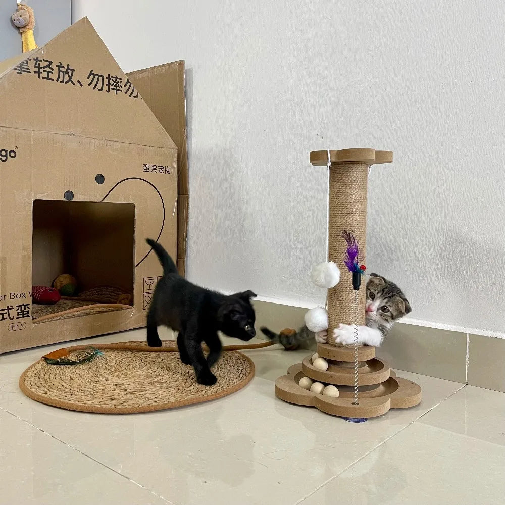 Cat Scratching Post with Teaser Wand, Wear-Resistant Sisal Scratcher Turntable, Pest-Resistant Climbing Frame Toy for Cats
