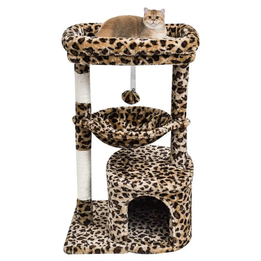 Small Leopard Print Cat Tree for Indoor Cats, Cat Tower with Scratching Post, Modern Cat House with Padded Perch, Kittens Condo