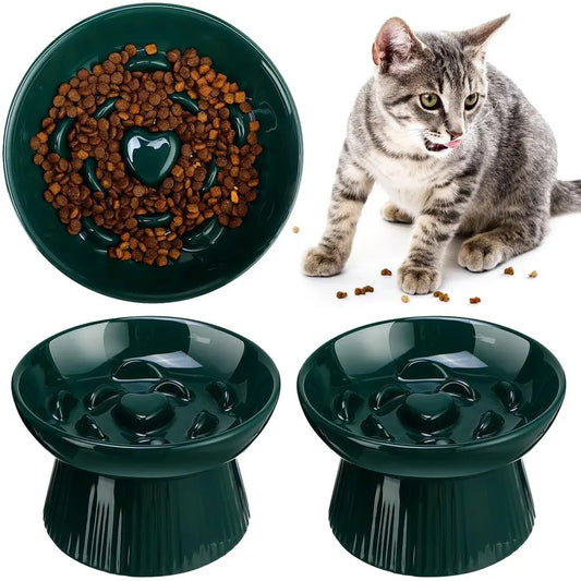 2 Pcs Raised Cat Slow Feeder Bowl Ceramic Elevated Cat Dog Food Bowl No Spill High Edge for Dry Wet Food and Water Easy to Clean