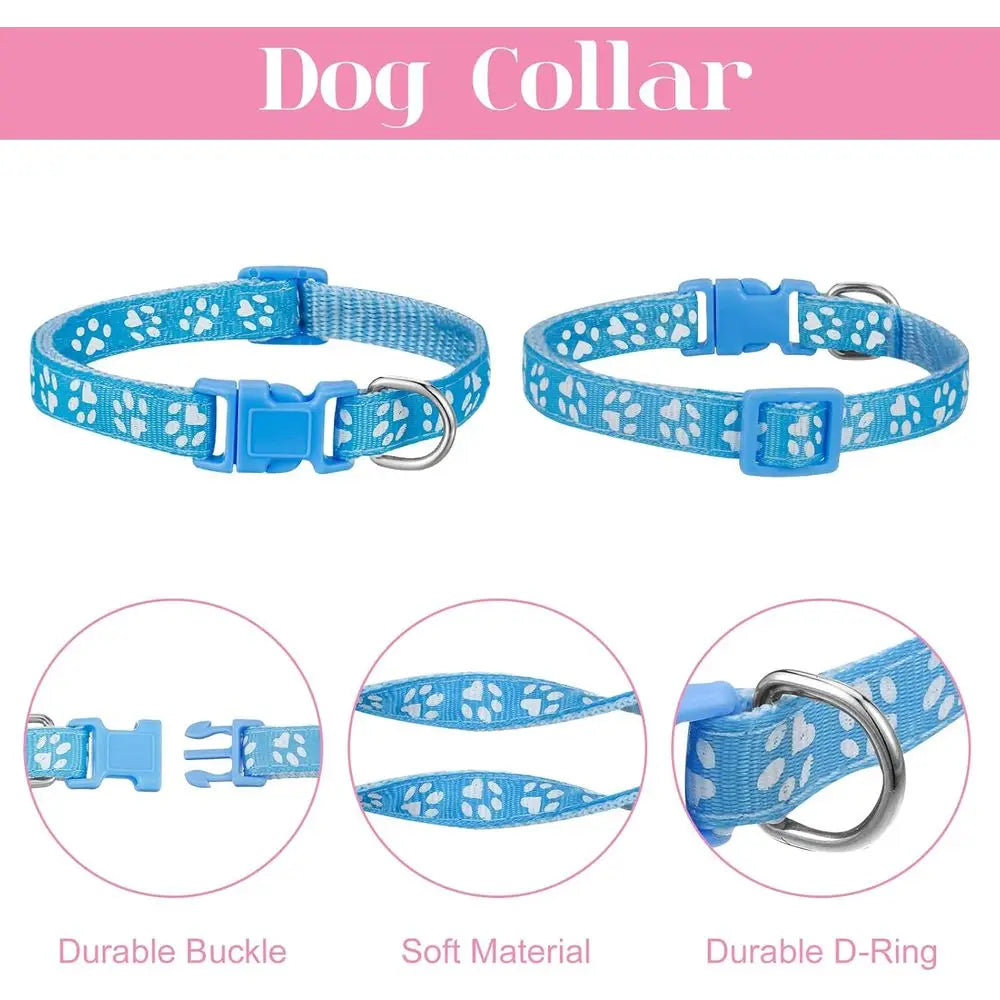 2 Packs Dog Collar and Leash Set, Adjustable Quick Release Buckle Paw Print Puppy Collar, Nylon Pet Collar for Small Dogs