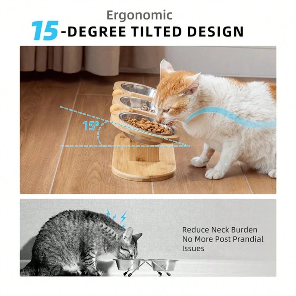 Cat 3 Bowls in 1 Raised Feeder with Silicone Food Mat 15-Degree Tilt Elevated Wood Stand 3 Stainless Steel Bowls Puppy Cat Feeding Watering Supplies - Barking & Purrfectly Happy