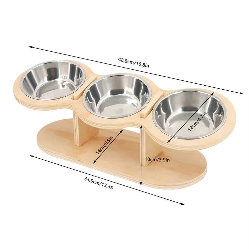 Cat 3 Bowls in 1 Raised Feeder with Silicone Food Mat 15-Degree Tilt Elevated Wood Stand 3 Stainless Steel Bowls Puppy Cat Feeding Watering Supplies - Barking & Purrfectly Happy
