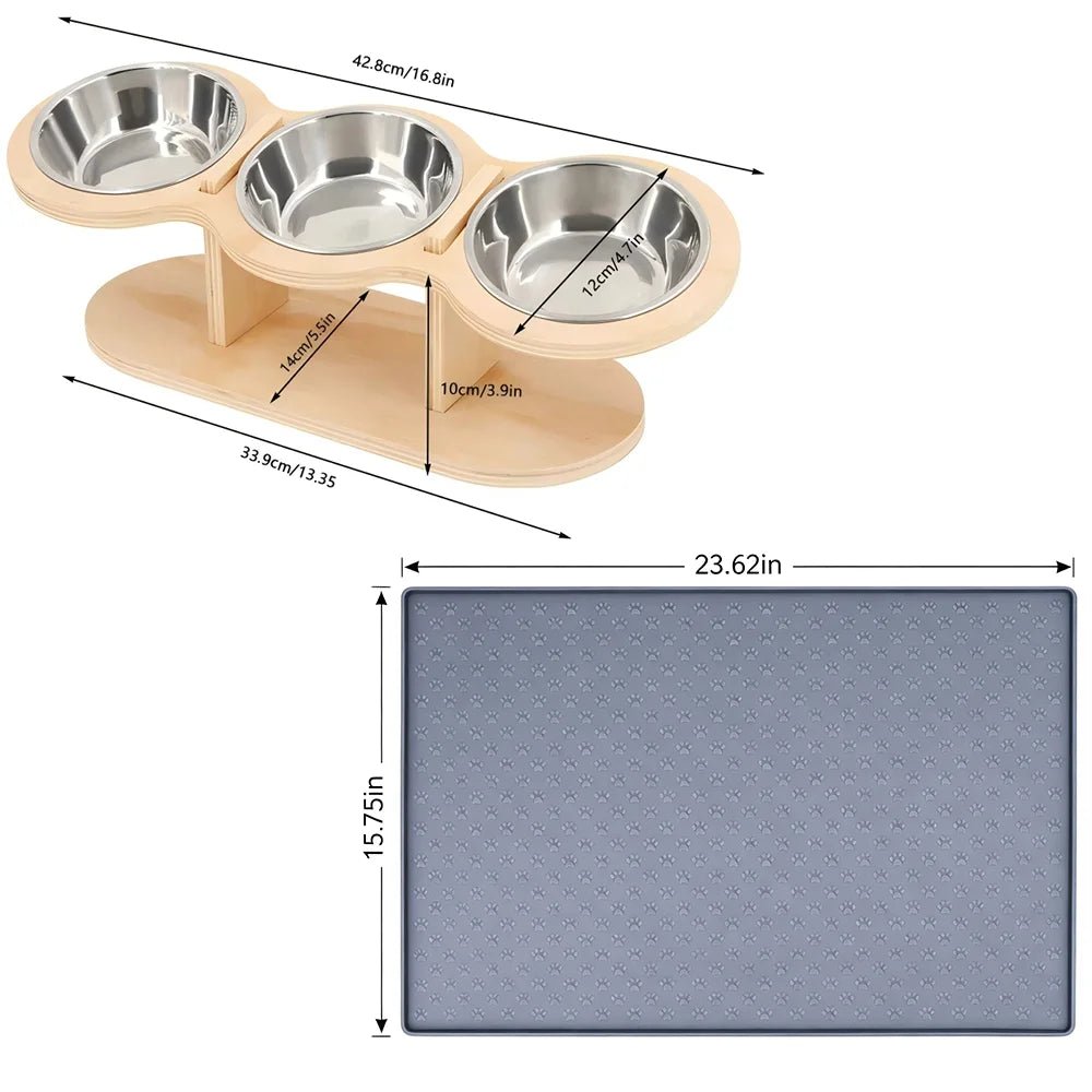 Cat 3 Bowls in 1 Raised Feeder with Silicone Food Mat 15-Degree Tilt Elevated Wood Stand 3 Stainless Steel Bowls Puppy Cat Feeding Watering Supplies - Barking & Purrfectly Happy