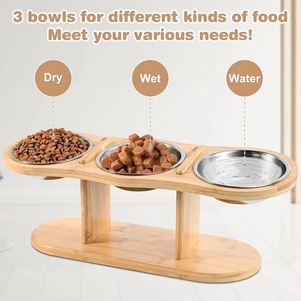 Cat 3 Bowls in 1 Raised Feeder with Silicone Food Mat 15-Degree Tilt Elevated Wood Stand 3 Stainless Steel Bowls Puppy Cat Feeding Watering Supplies - Barking & Purrfectly Happy