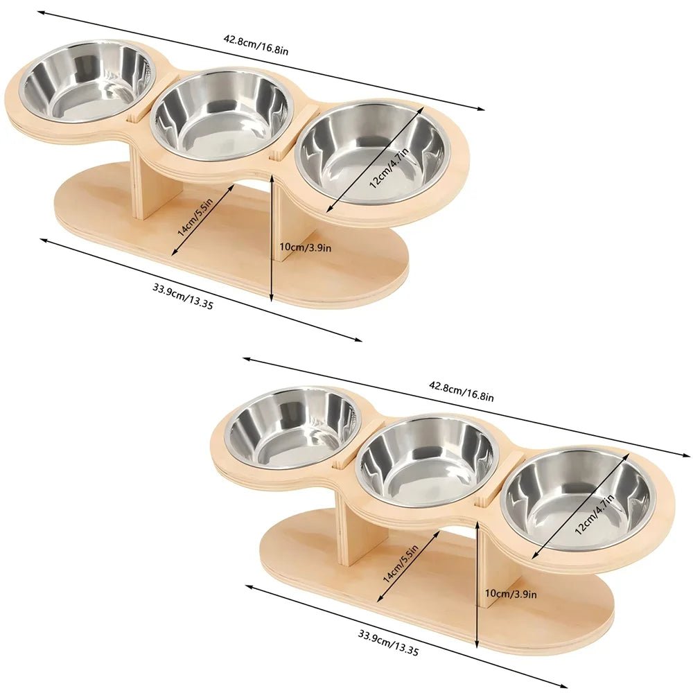 Cat 3 Bowls in 1 Raised Feeder with Silicone Food Mat 15-Degree Tilt Elevated Wood Stand 3 Stainless Steel Bowls Puppy Cat Feeding Watering Supplies - Barking & Purrfectly Happy
