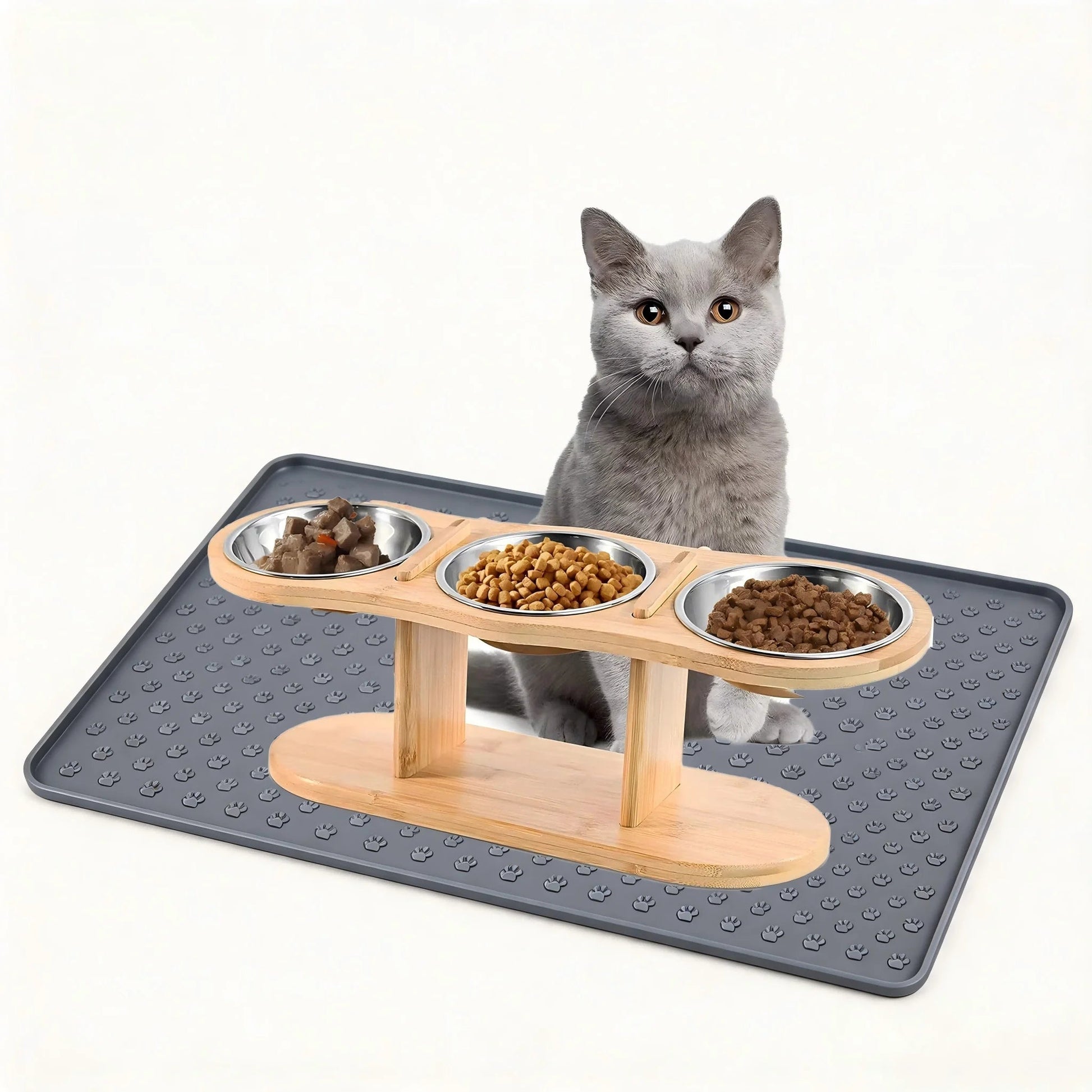 Cat 3 Bowls in 1 Raised Feeder with Silicone Food Mat 15-Degree Tilt Elevated Wood Stand 3 Stainless Steel Bowls Puppy Cat Feeding Watering Supplies - Barking & Purrfectly Happy