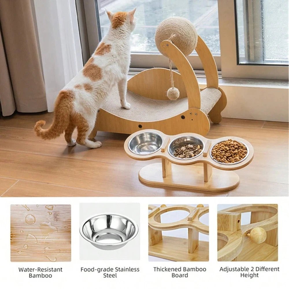 Cat 3 Bowls in 1 Raised Feeder with Silicone Food Mat 15-Degree Tilt Elevated Wood Stand 3 Stainless Steel Bowls Puppy Cat Feeding Watering Supplies - Barking & Purrfectly Happy