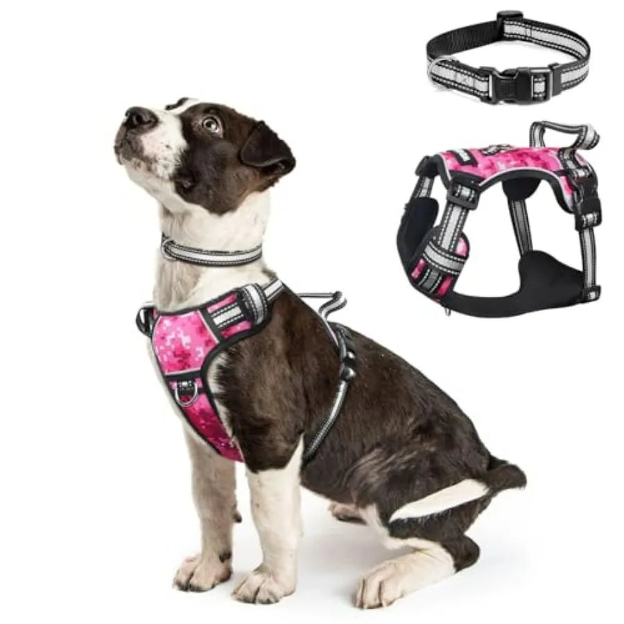 Dog Harness No Pull, Pet Harnesses with Dog Collar, Adjustable Reflective Oxford Outdoor Vest, Front/Back Leash Clips for,,, Ex - Barking & Purrfectly Happy
