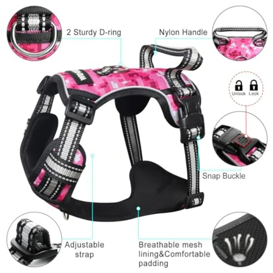 Dog Harness No Pull, Pet Harnesses with Dog Collar, Adjustable Reflective Oxford Outdoor Vest, Front/Back Leash Clips for,,, Ex - Barking & Purrfectly Happy