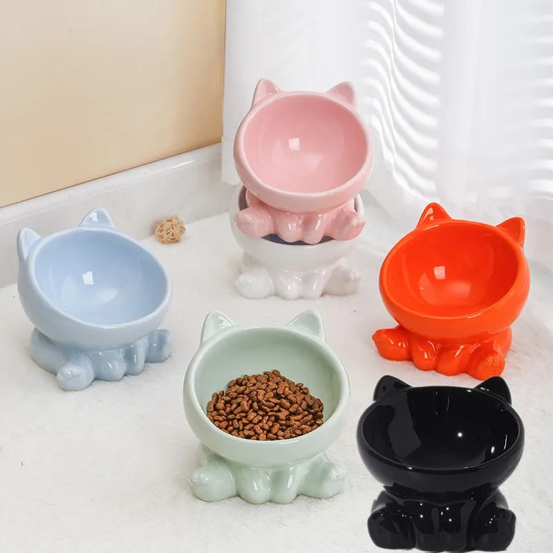 Elevated Ceramic Cat Bowl | Tilted Pet Feeding Bowl for Cats - Barking & Purrfectly Happy