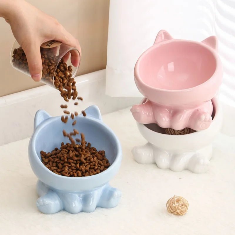 Elevated Ceramic Cat Bowl | Tilted Pet Feeding Bowl for Cats - Barking & Purrfectly Happy