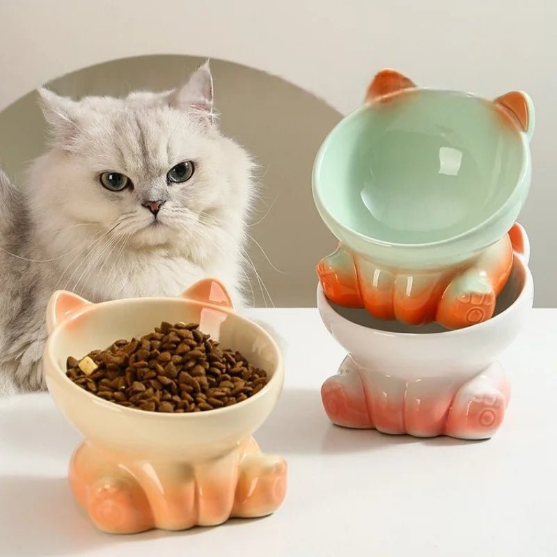 Elevated Ceramic Cat Bowl | Tilted Pet Feeding Bowl for Cats - Barking & Purrfectly Happy