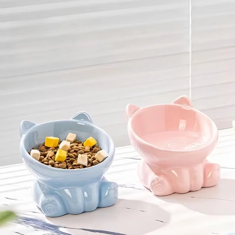 Elevated Ceramic Cat Bowl | Tilted Pet Feeding Bowl for Cats - Barking & Purrfectly Happy