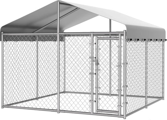 Extra Large 10x10x6.56ft Outdoor Dog Kennel with Roof, Anti-Rust Galvanized Chain Link Enclosure and Secure Lock - Barking & Purrfectly Happy