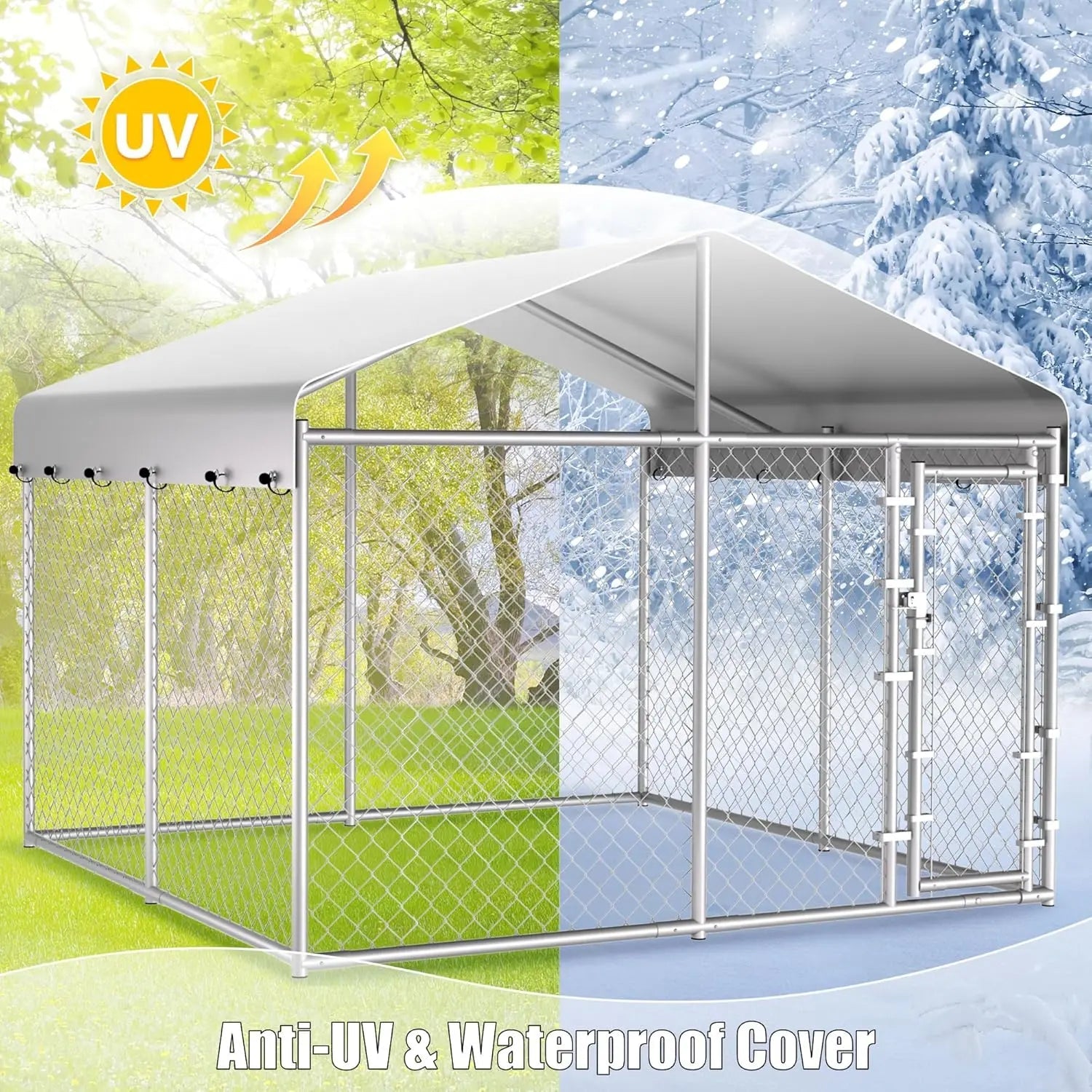 Extra Large 10x10x6.56ft Outdoor Dog Kennel with Roof, Anti-Rust Galvanized Chain Link Enclosure and Secure Lock - Barking & Purrfectly Happy