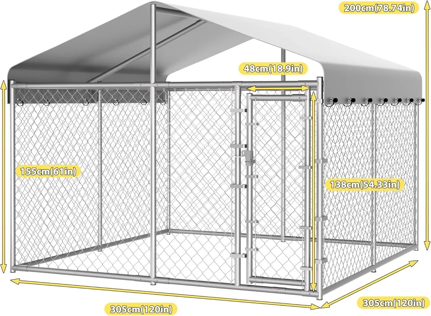 Extra Large 10x10x6.56ft Outdoor Dog Kennel with Roof, Anti-Rust Galvanized Chain Link Enclosure and Secure Lock - Barking & Purrfectly Happy