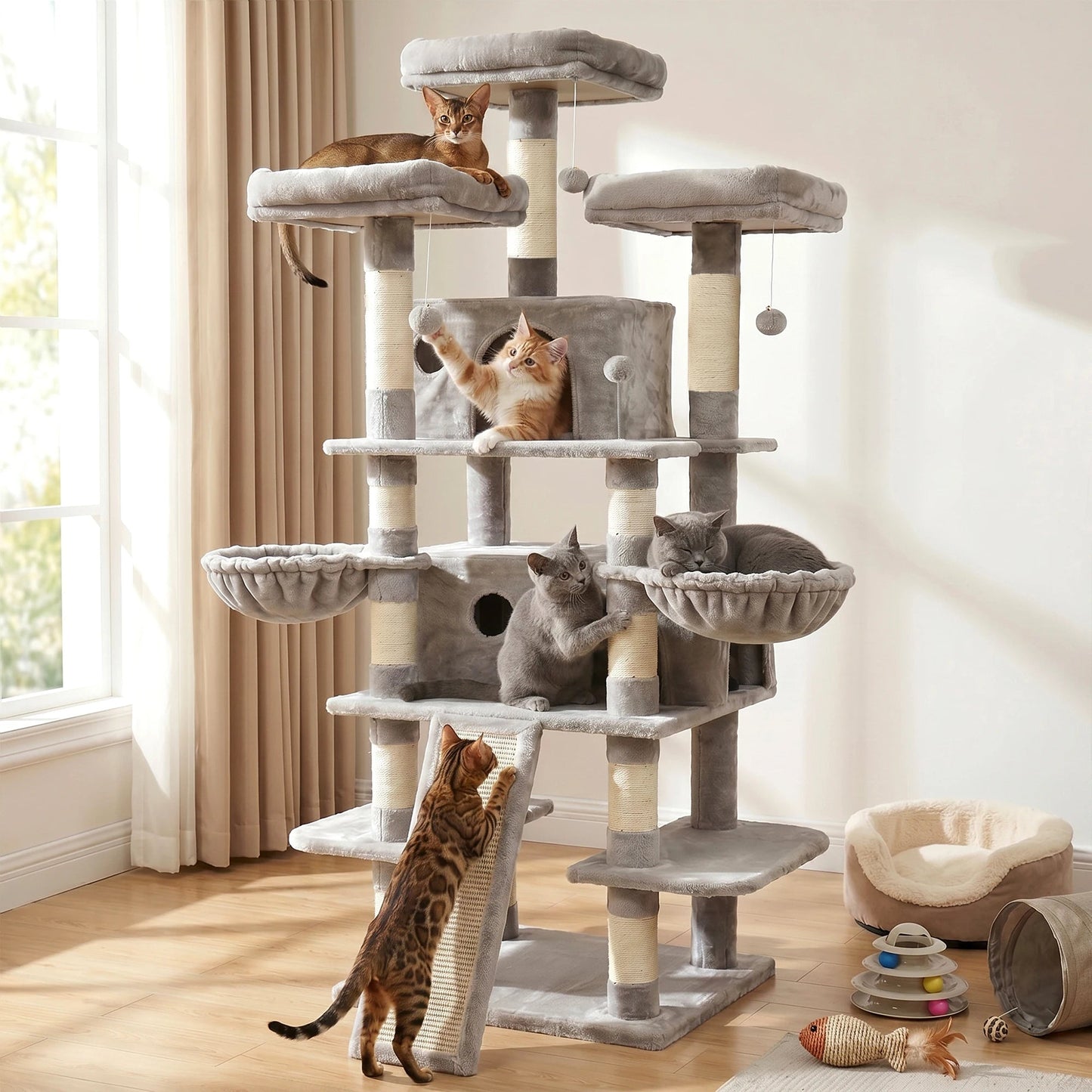 FOOWIN 173cm 68in Large Multi Level Cat Tree Tower Indoor Activity Center 2 Condos 3 Plush Perches Scratching Post Kitten Pet - Barking & Purrfectly Happy