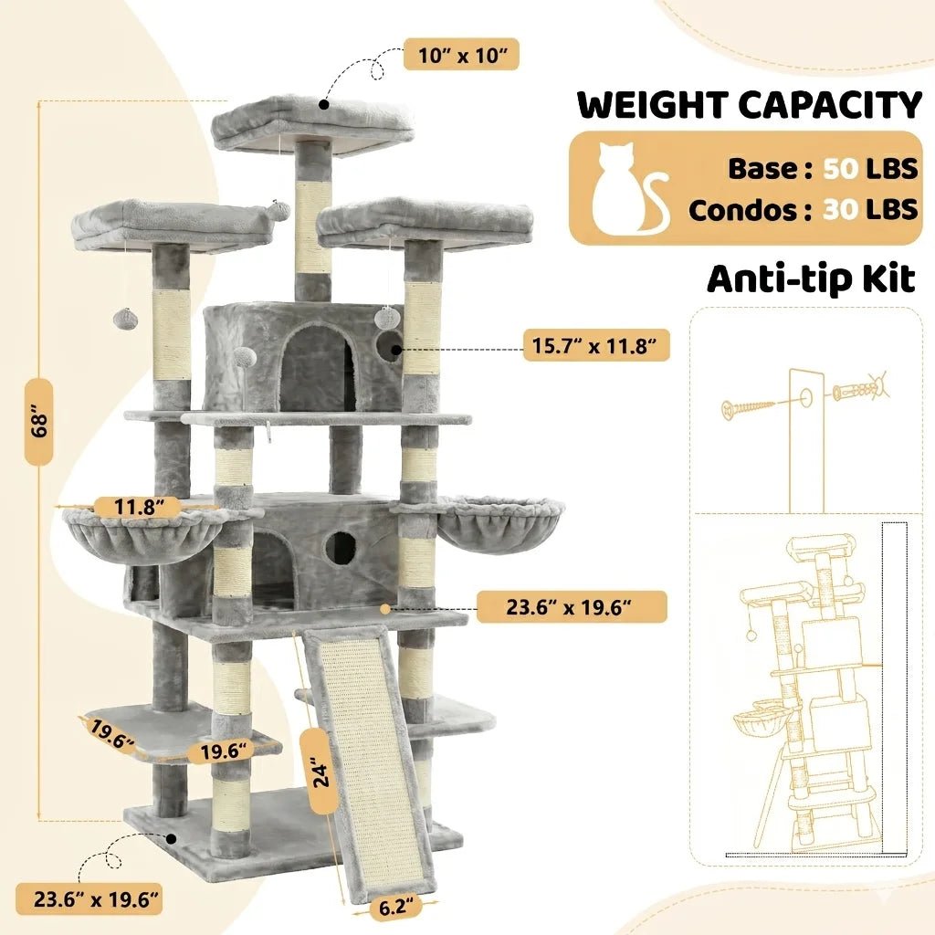 FOOWIN 173cm 68in Large Multi Level Cat Tree Tower Indoor Activity Center 2 Condos 3 Plush Perches Scratching Post Kitten Pet - Barking & Purrfectly Happy