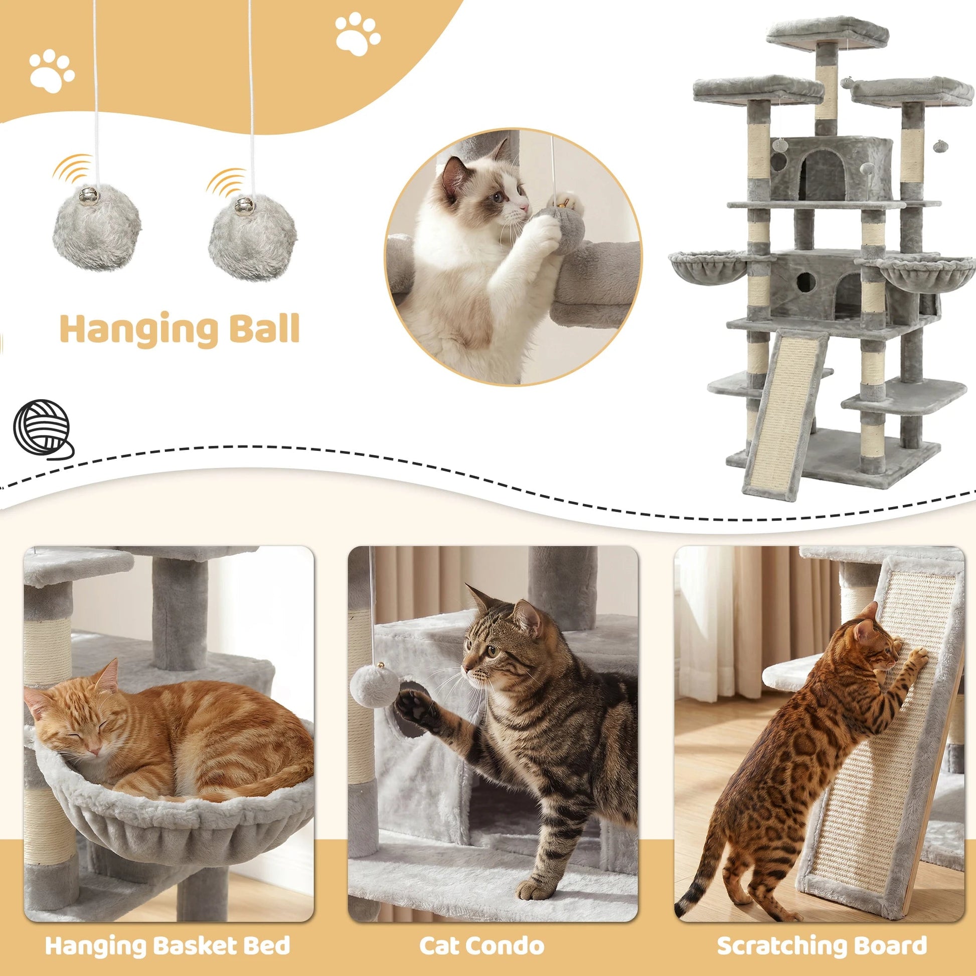 FOOWIN 173cm 68in Large Multi Level Cat Tree Tower Indoor Activity Center 2 Condos 3 Plush Perches Scratching Post Kitten Pet - Barking & Purrfectly Happy