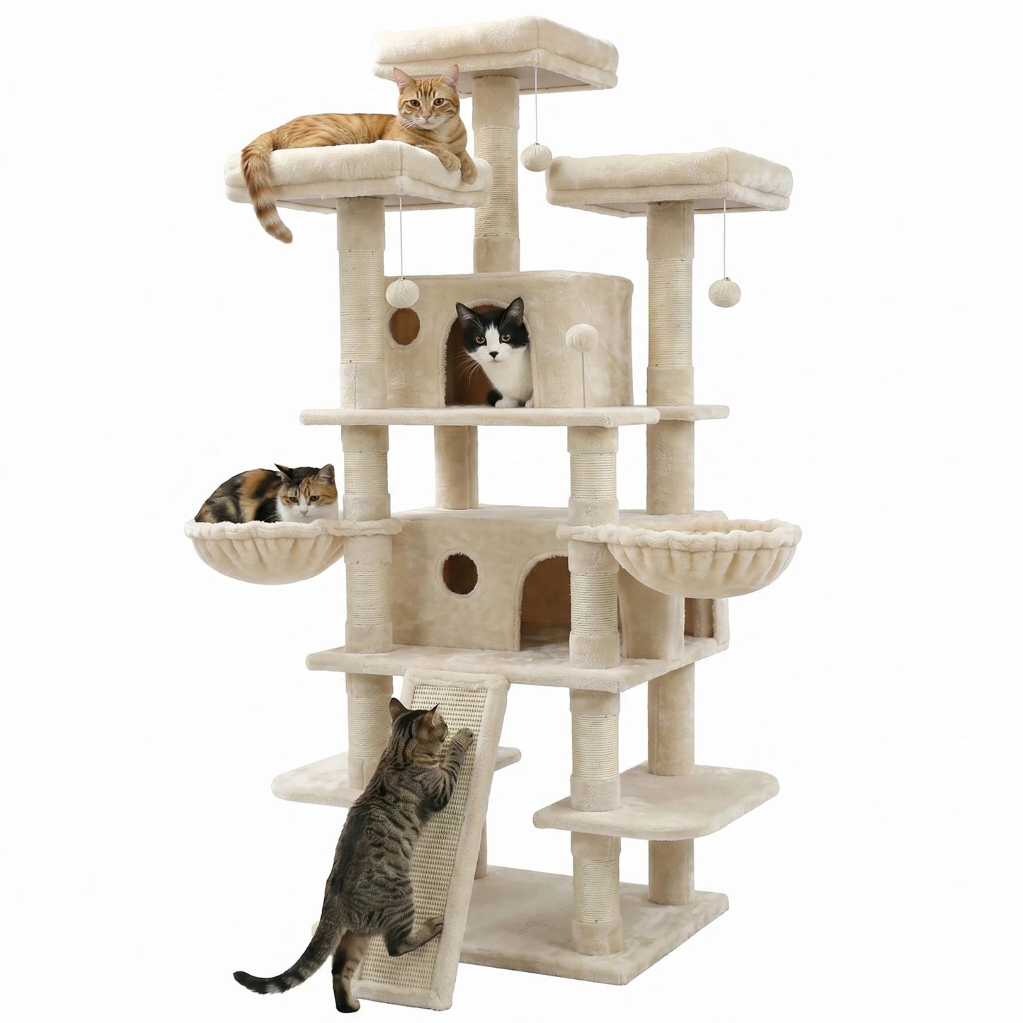 FOOWIN 173cm 68in Large Multi Level Cat Tree Tower Indoor Activity Center 2 Condos 3 Plush Perches Scratching Post Kitten Pet - Barking & Purrfectly Happy