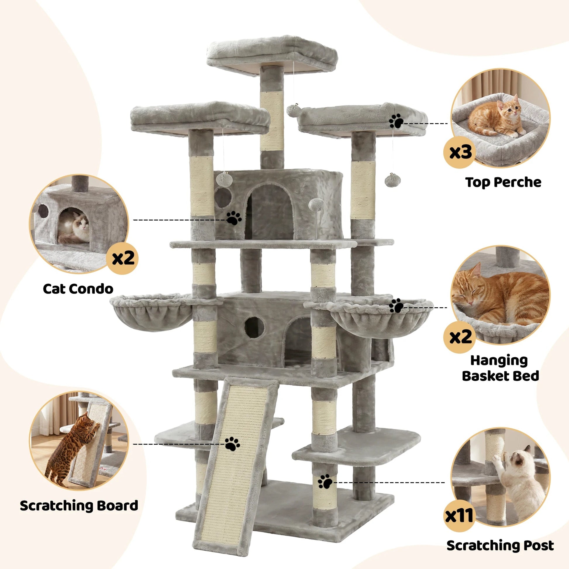 FOOWIN 173cm 68in Large Multi Level Cat Tree Tower Indoor Activity Center 2 Condos 3 Plush Perches Scratching Post Kitten Pet - Barking & Purrfectly Happy
