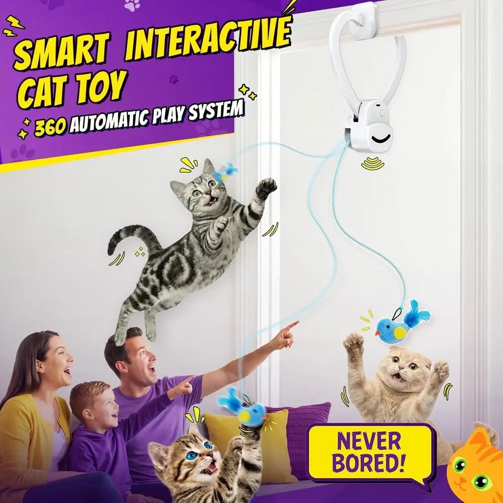 Interactive Cat Toys Indoor Cats: Automatic Lying Bird Wand Chase Exercise Enrichment Stimulation, USB Rechargeable Durable Safe - Barking & Purrfectly Happy