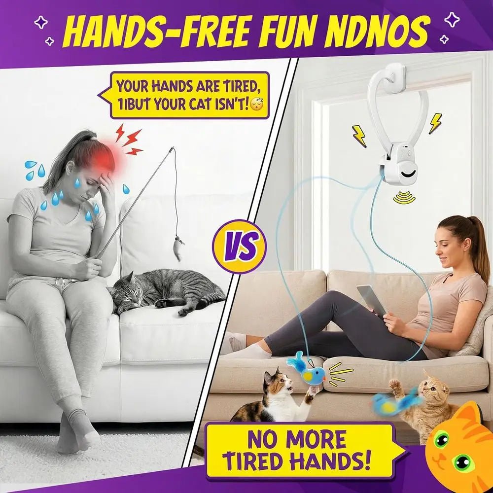 Interactive Cat Toys Indoor Cats: Automatic Lying Bird Wand Chase Exercise Enrichment Stimulation, USB Rechargeable Durable Safe - Barking & Purrfectly Happy