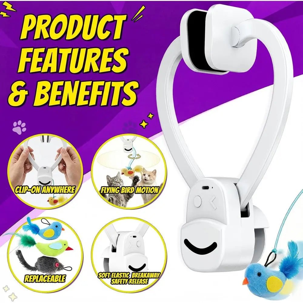 Interactive Cat Toys Indoor Cats: Automatic Lying Bird Wand Chase Exercise Enrichment Stimulation, USB Rechargeable Durable Safe - Barking & Purrfectly Happy